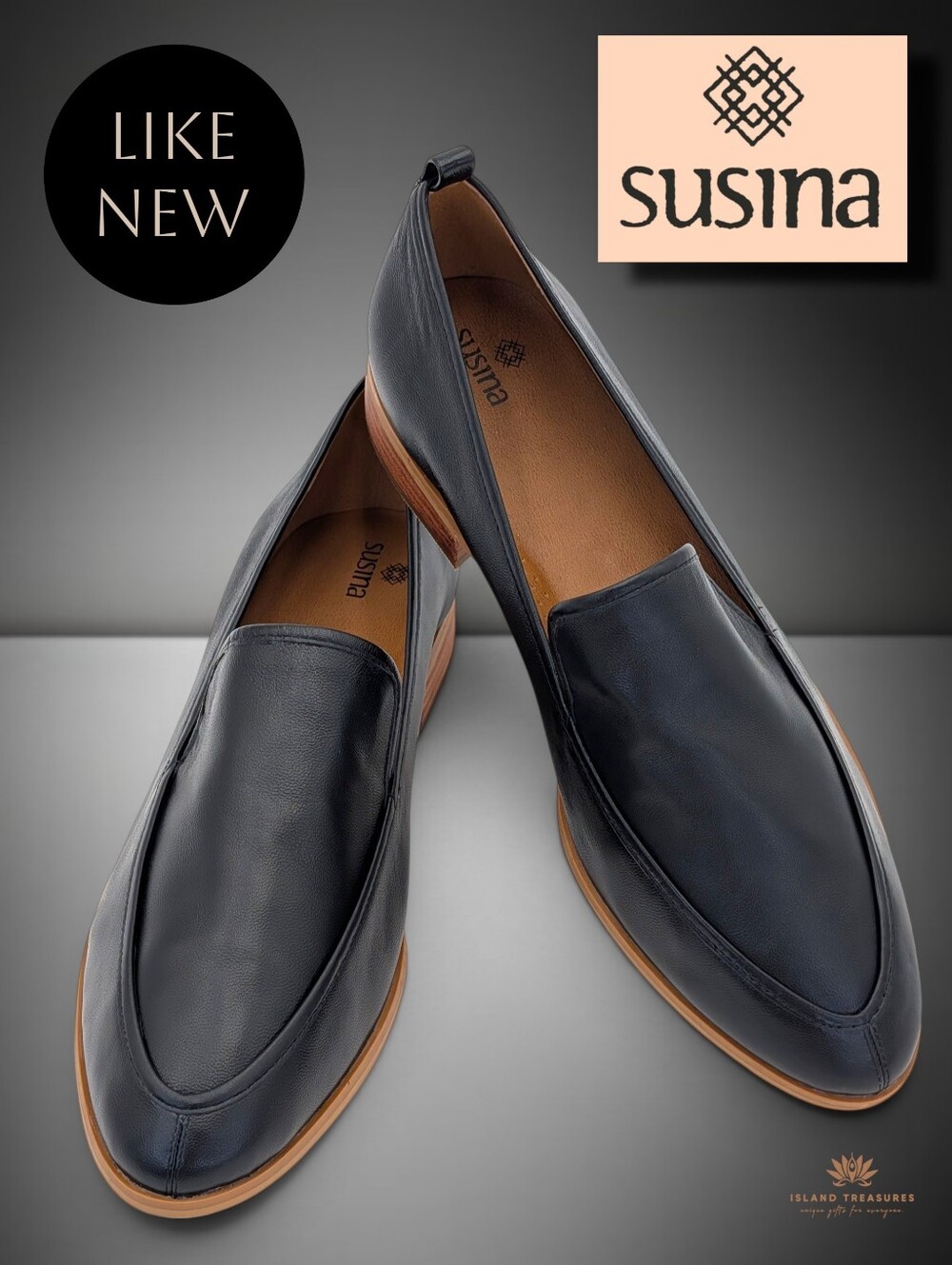 Susina Sz 11M Kellen Almond Toe Leather Loafer Black Stacked Heel Slip On Womens